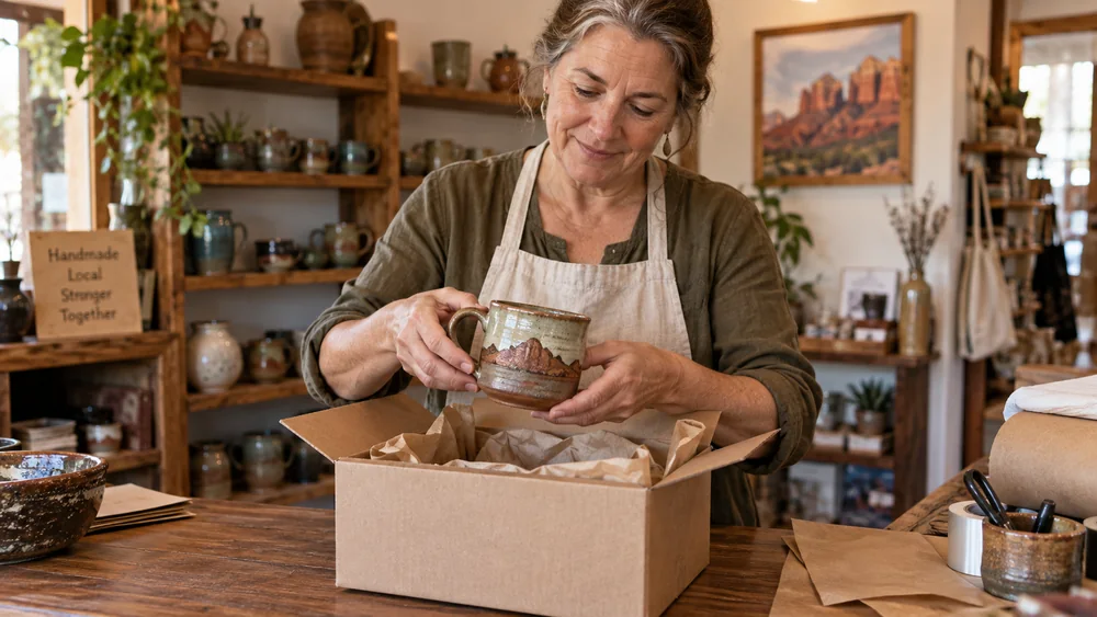 A local shop owner packing a ceramic mug for an online order