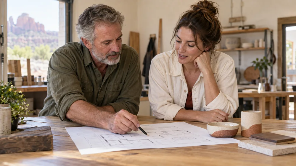 Two business owners planning a new venture with drawings and product samples