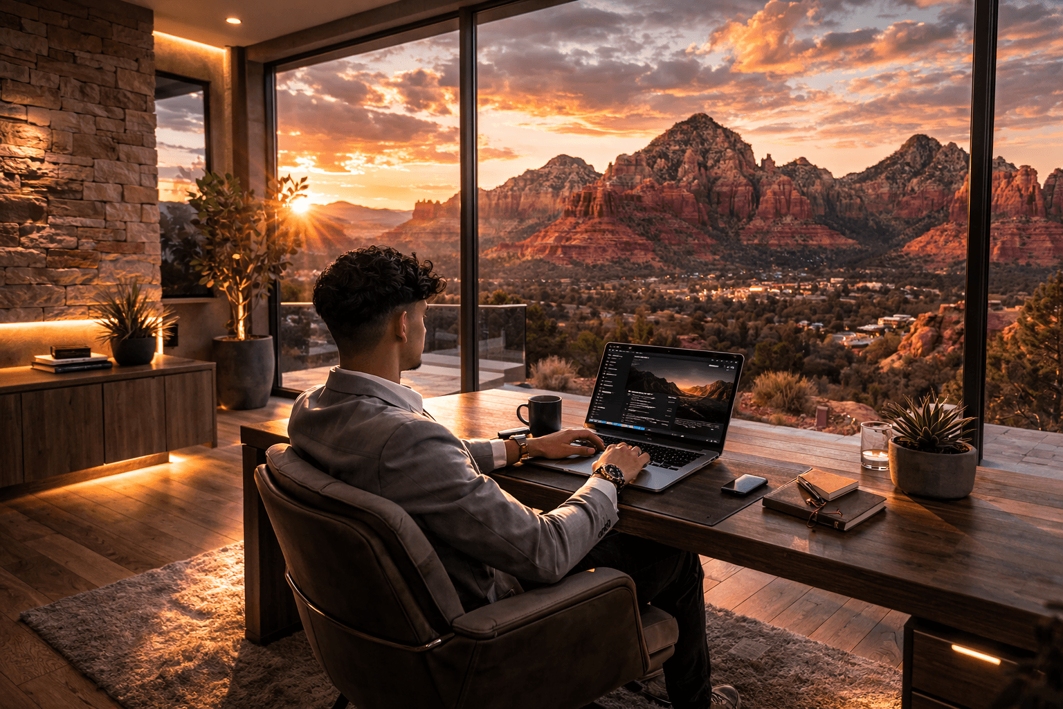 Jaden working at his laptop overlooking Sedona