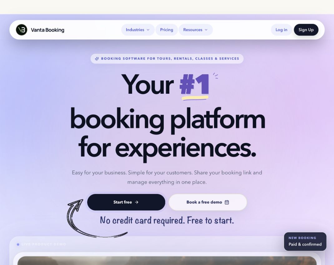 Vanta Booking website homepage